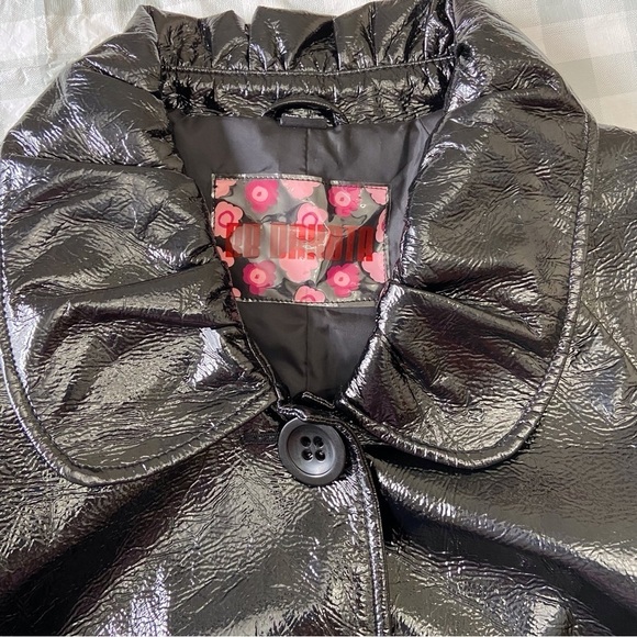 BB DAKOTA black trench coat glossy 60’s 70’s faux patin leather jacket med - Picture 11 of 16